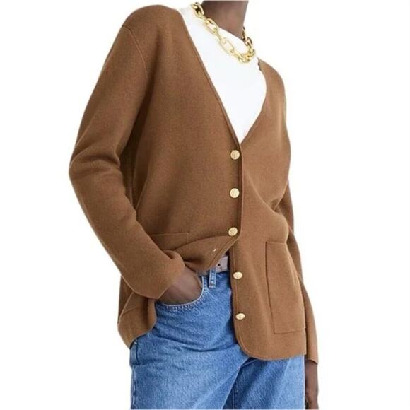 J. CREW Giselle V-Neck Sweater Blazer Gold Buttons Walnut Brown Sz L NWT {3K17} - Picture 1 of 4